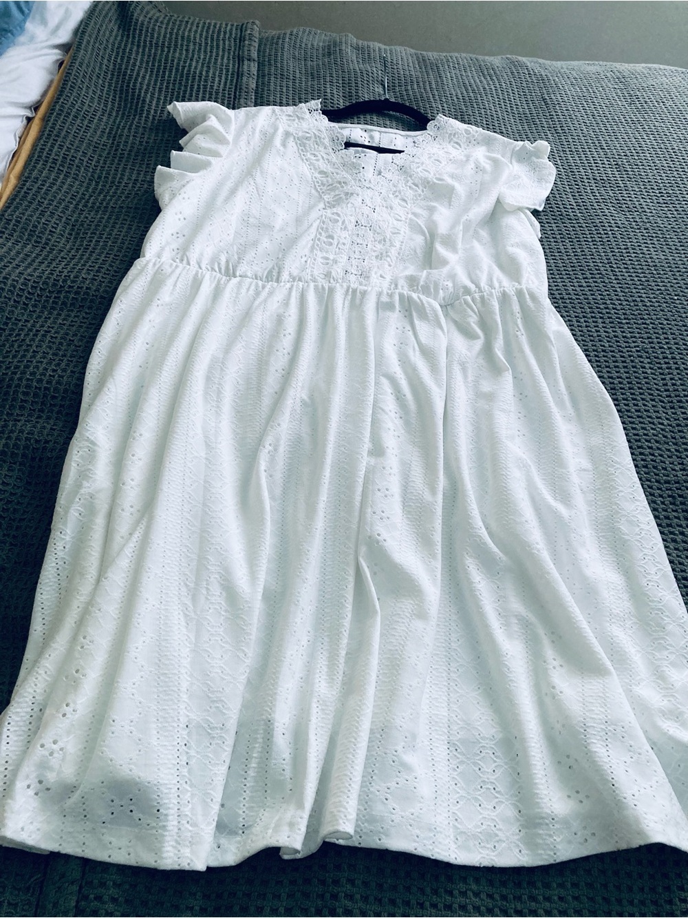 Women’s White Eyelet Midi Dress with Ruffle Sleeves - Picture 9 of 11